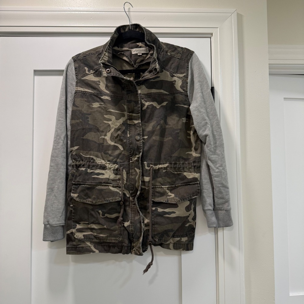Urbanology Womens Camo Utility Jacket Grey Jersey Sleeves Drawstring Waist Large